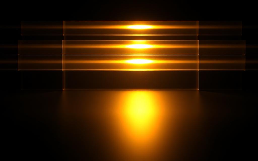 Warm golden light refracting through layered glass panels on a matte black surface