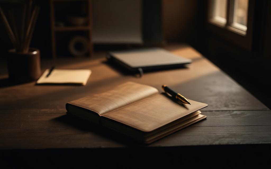 Leather notebook and brass pen on a dim workbench lit by soft window light