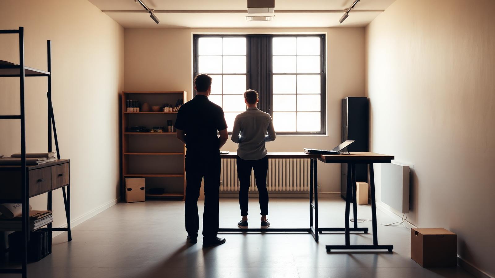 Two GenOrbit founders at a tall workbench in a warm-lit minimalist studio