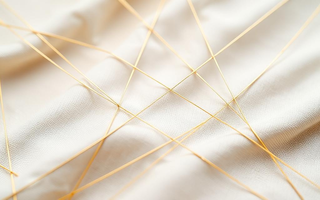 Intersecting gold thread lines woven across cream linen fabric, abstract network