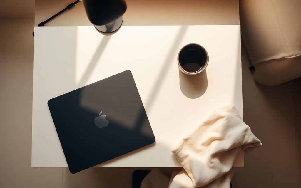 Overhead view of a minimalist studio desk with closed laptop and ceramic cup in morning light
