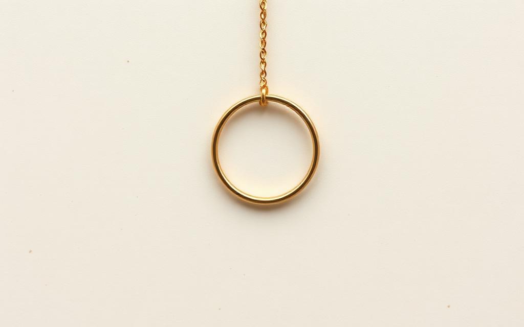 A thin brass ring suspended from a delicate chain over a cream paper backdrop